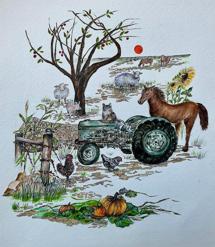 Farm Friends 18x12 colored pencil, pen,watercolor/paper