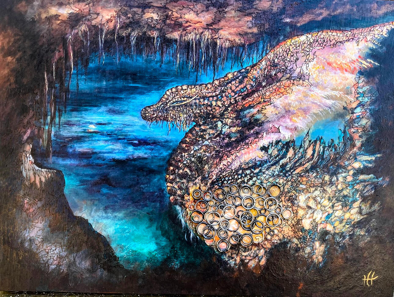Young Dragon 12x9 acrylic,metal rings/wood